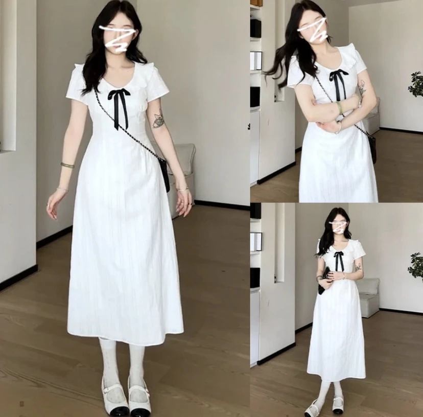 追梦少女   法式夏季气质蝴蝶结温柔白月光收腰显瘦连衣裙