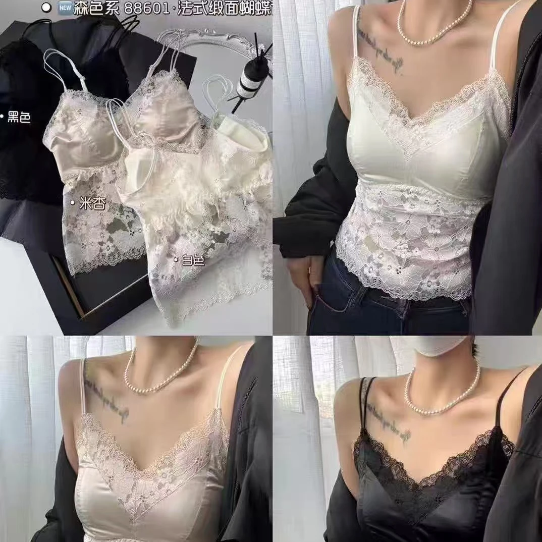 轻奢缎面性感蕾丝吊带背心女士内搭夏季薄款带胸垫无钢圈聚拢上衣