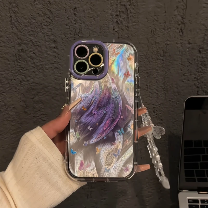 适用苹果16羽纱奶油手机壳iPhone15紫色晕染蝴蝶华为mate新款小米