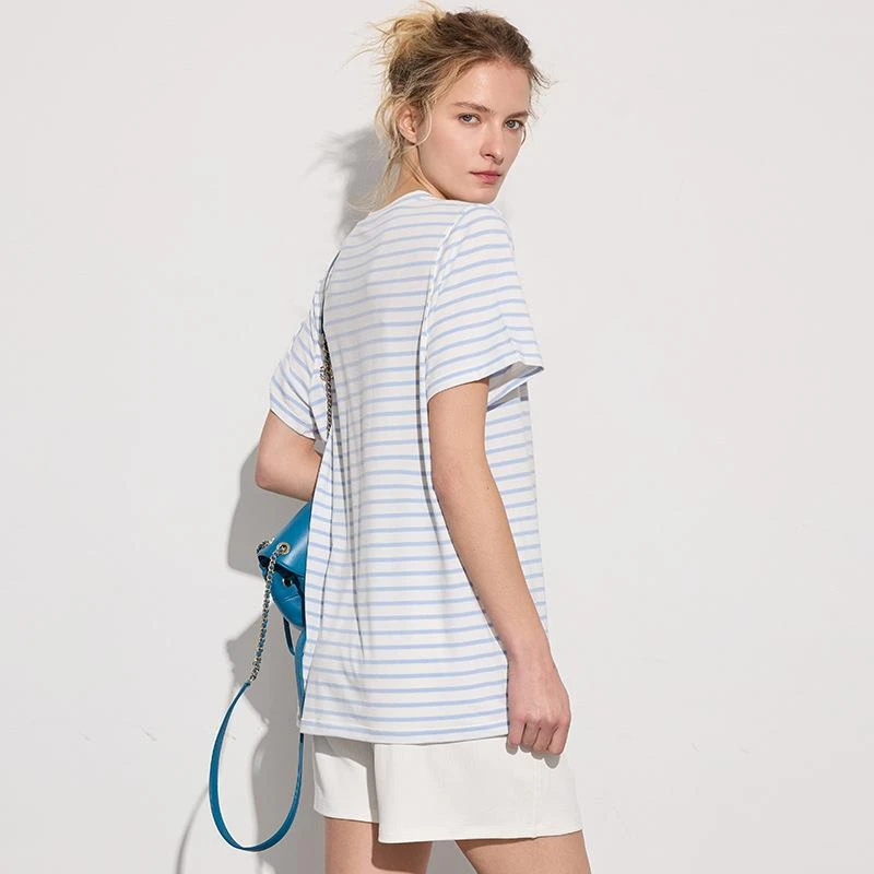 春夏条纹新款瑜伽服女宽松短袖T恤休闲运动训练健身上衣夏季显瘦