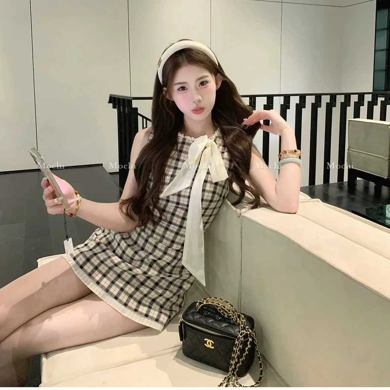 麻吉mochi同款折枝春茶蝴蝶结绑带格子背心连衣裙夏收腰短裙子夏