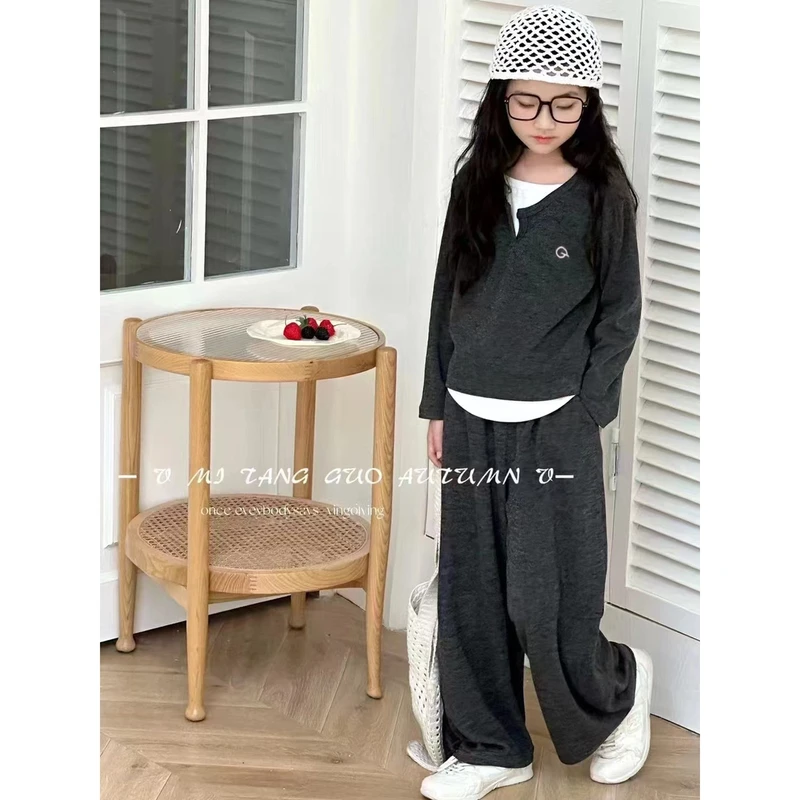 【专柜同款】2025年春季女童休闲套装长袖软糯阔腿裤气质修身假两件