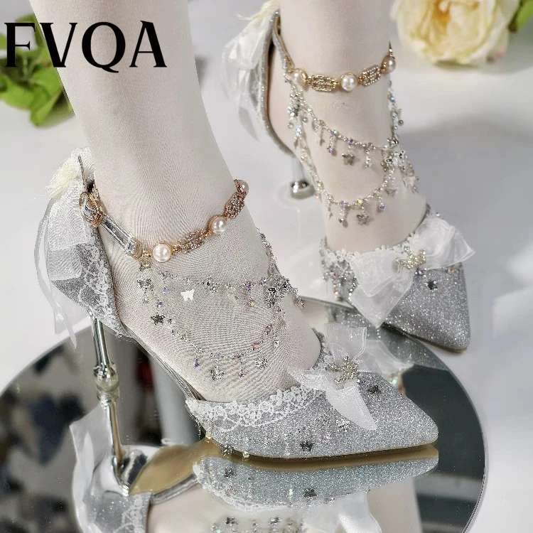 FVQA婚鞋高级感不累脚洛丽塔风银色水晶设计师款轻奢宴会礼服鞋
