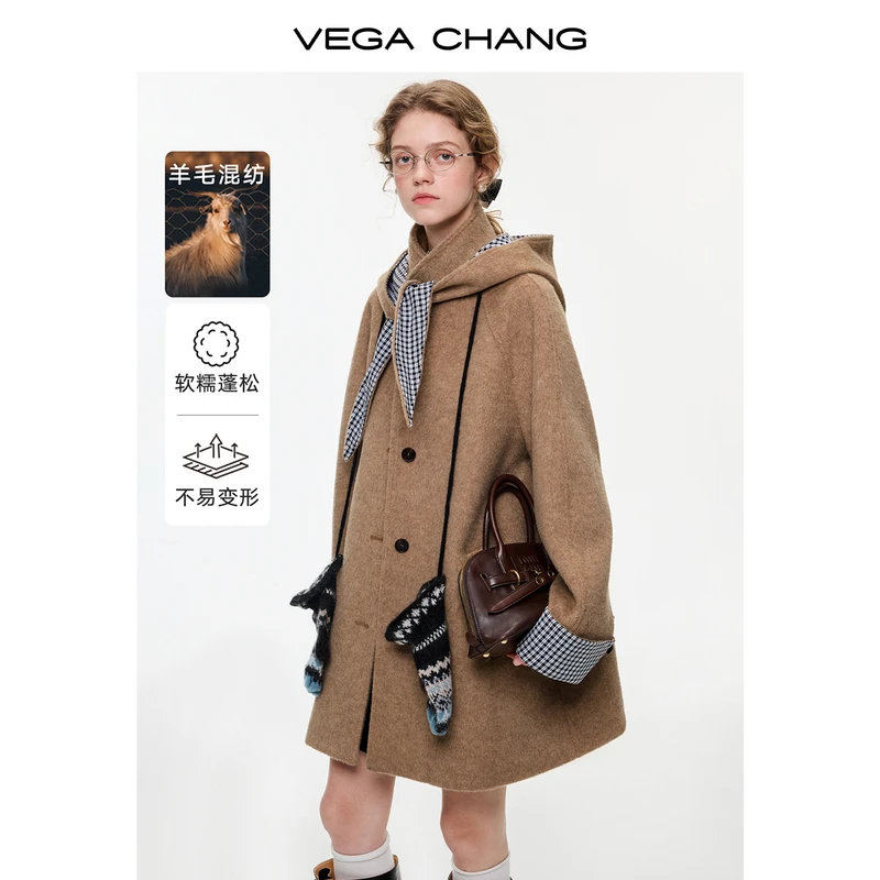 【复古英伦】VEGACHANG格纹可拆卸连帽羊毛呢外套大衣女冬0642LW
