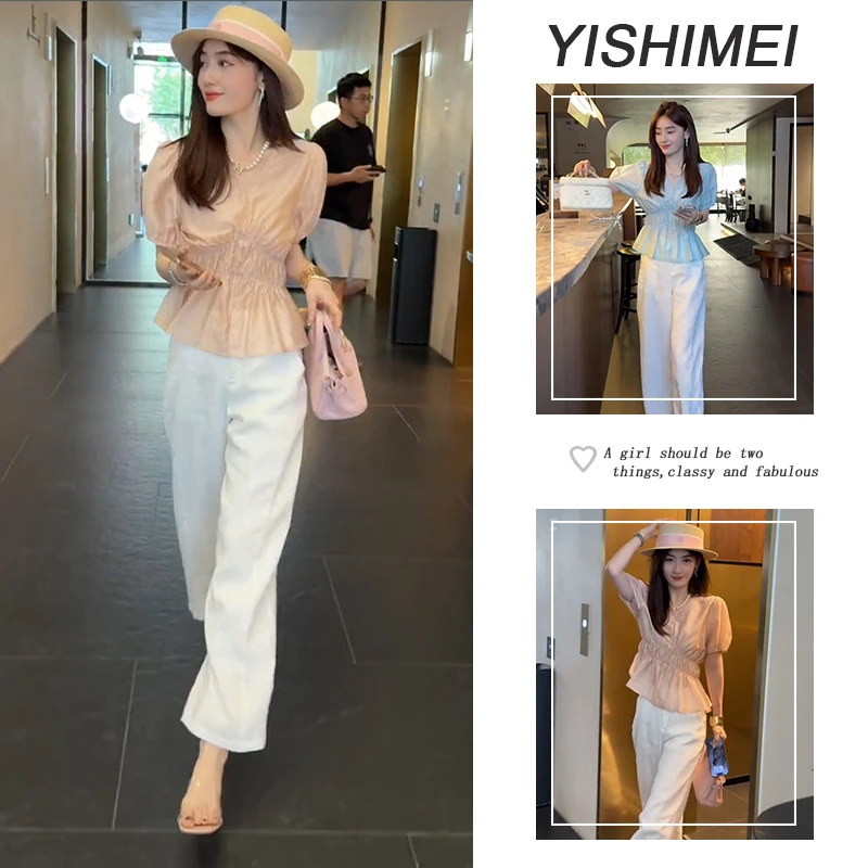 2025女夏季新款爆款高级感掐腰裙摆泡泡袖V领上衣直筒休闲裤套装