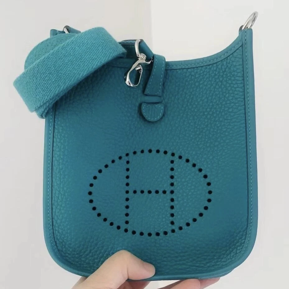 99新 Hermes/爱马仕 爱马仕mini伊芙琳孔雀绿银x单肩包8446051