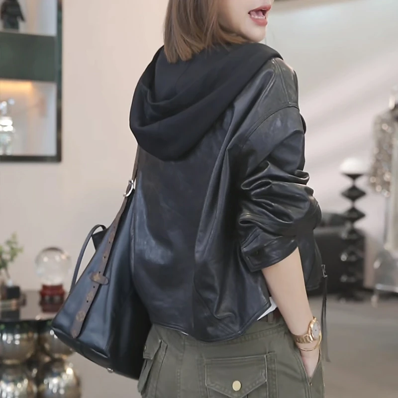 欧货时尚机车服夹棉短外套女2025秋冬新款连帽拼接设计感皮衣夹克