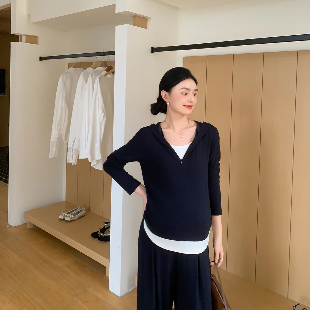 ZMA孕妇装【运动休闲套】2025秋季新款连帽假两件上衣宽松阔腿长裤