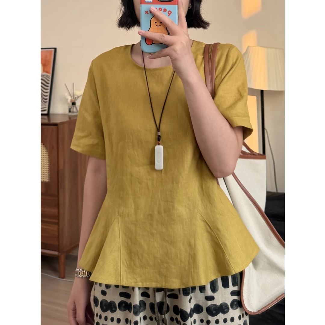 「亚麻小裙边」100%亚麻荷叶边圆领套头短袖衬衫宽松显瘦Q0408