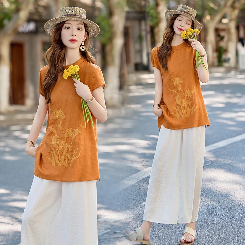 新中式国风刺绣套装女2025夏季新款复古盘扣遮肉显瘦阔腿裤两件套