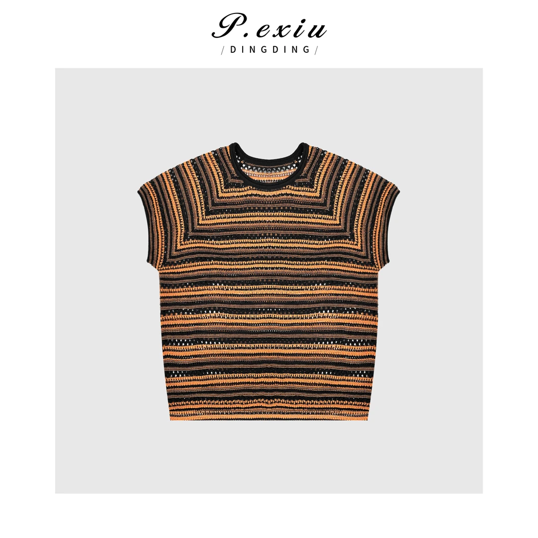 【夏日树莓】美利奴羊毛撞色条纹镂空针织上衣Q20150