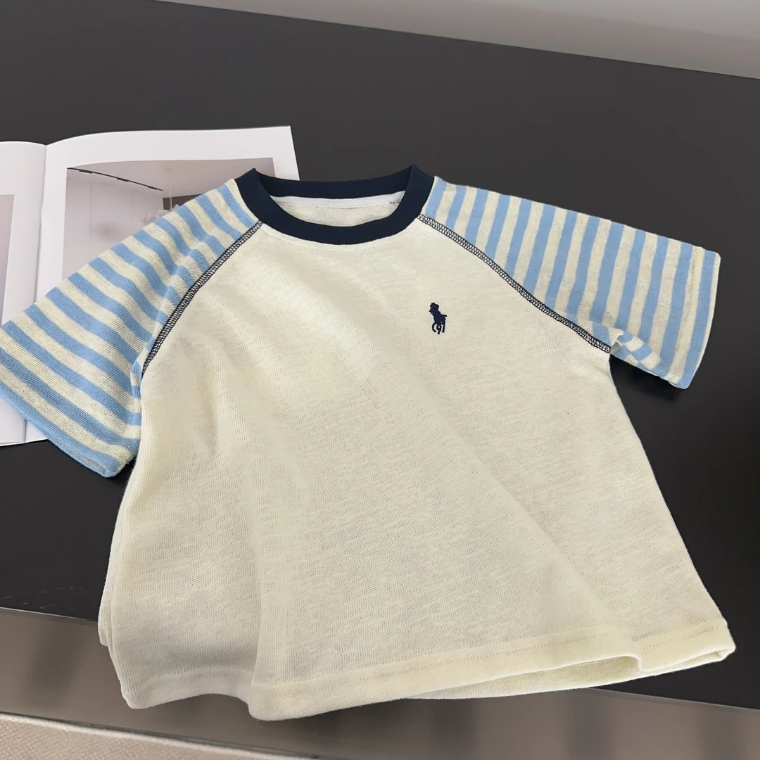 【两个小盆友】2025儿童夏季韩版短袖百搭条纹撞色T恤男童上衣5231