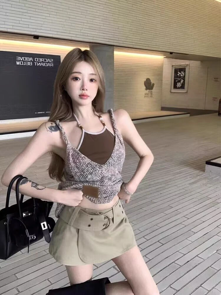 【A9972墨丽】2025夏季修身显瘦百搭纯欲上衣+背心+裙子三件套