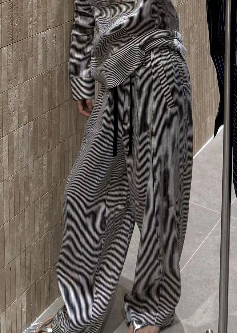 亚麻系带经典条纹休闲长裤25692-1