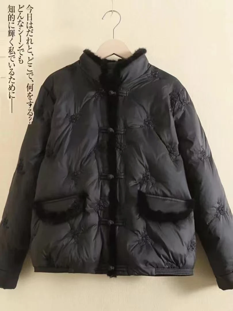 水貂毛国风羽绒服女短款新款高端刺绣盘扣外套YR003