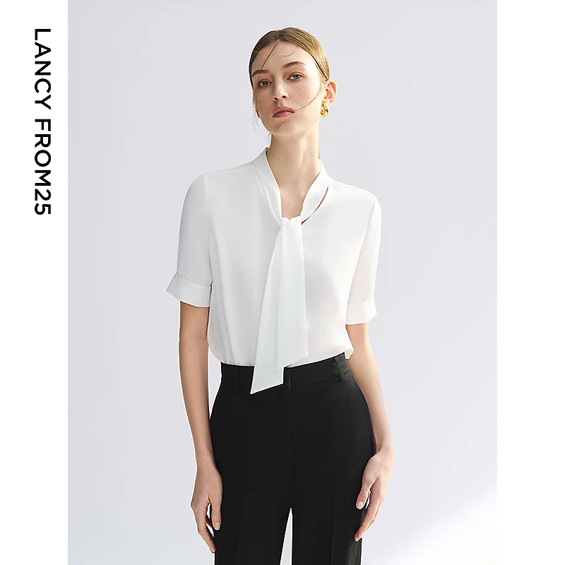 朗姿夏季新款白色系带通勤衬衫短袖飘带商务洋气衣服女上衣打底