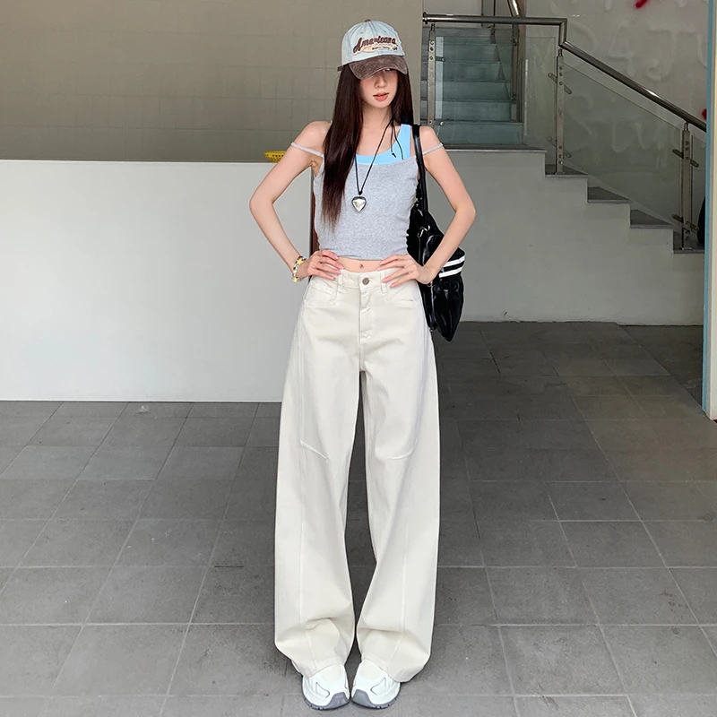 2025秋季*美式杏色牛仔裤女秋季设计感高腰宽松垂感阔腿裤子