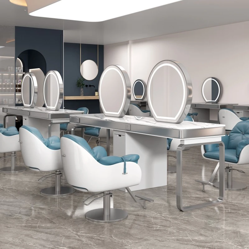 网红理发店镜子发廊专用双面四面美发镜台带柜子大理石剪发烫染桌