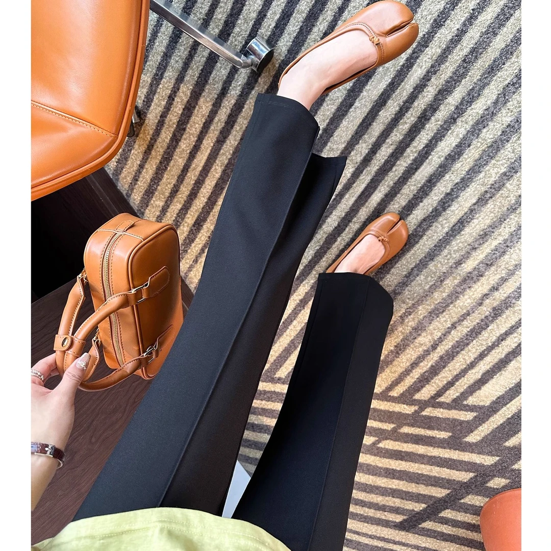 凉感冰丝小黑裤～弹力高腰九分微喇裤夏薄款小个子修身显瘦喇叭裤