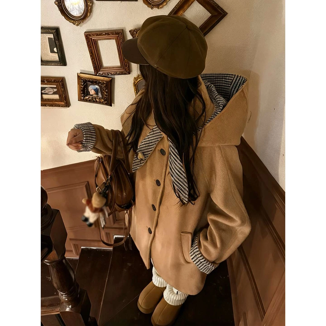 2025秋冬新款呢子大衣女连帽毛呢外套赫本风高级感气质韩系小个子