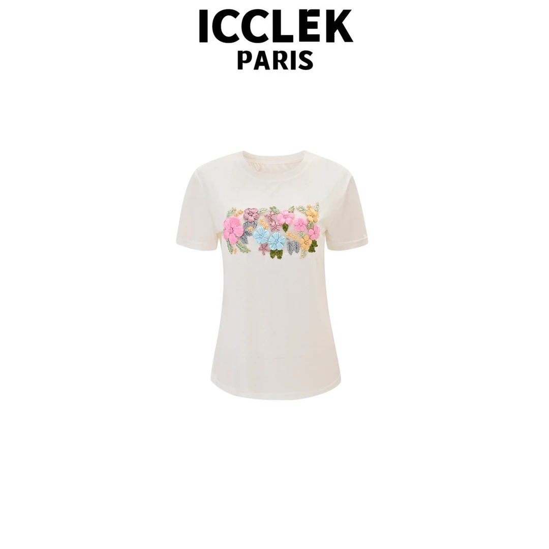 ICCLEK 白色立体花朵圆领套头短袖T恤 休闲 百搭 -5572