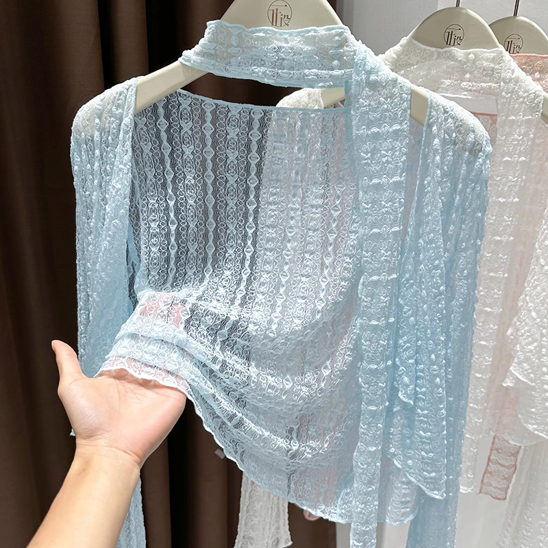蓝色冰丝配吊带裙外搭飘带蕾丝衫开衫女2025夏季泡泡蝴蝶披肩罩衫