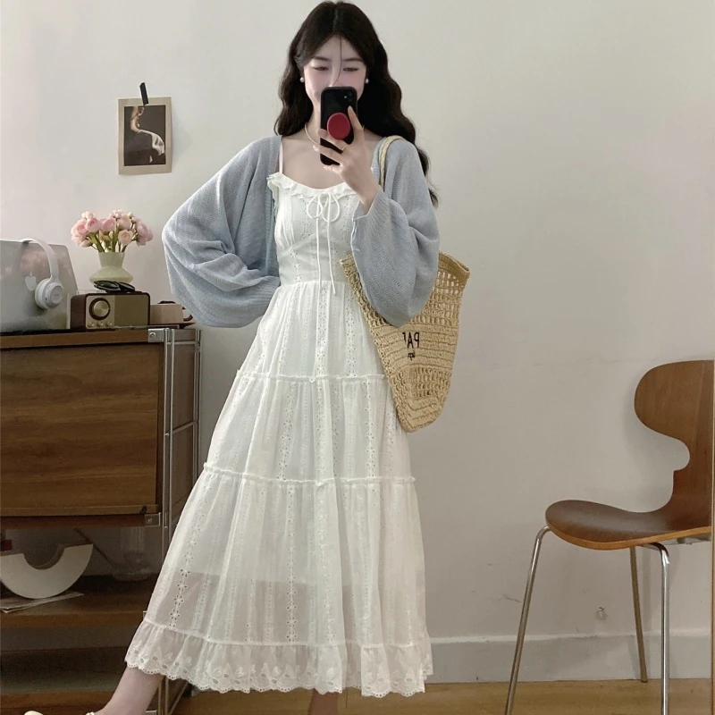 镂空刺绣白色蛋糕连衣裙女2025春夏新款宽松百搭显瘦中长款吊带裙