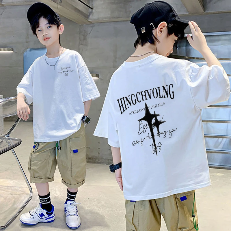 2025年新款纯棉男童宽松短袖T恤洋气上衣中大童韩版薄款休闲潮牌