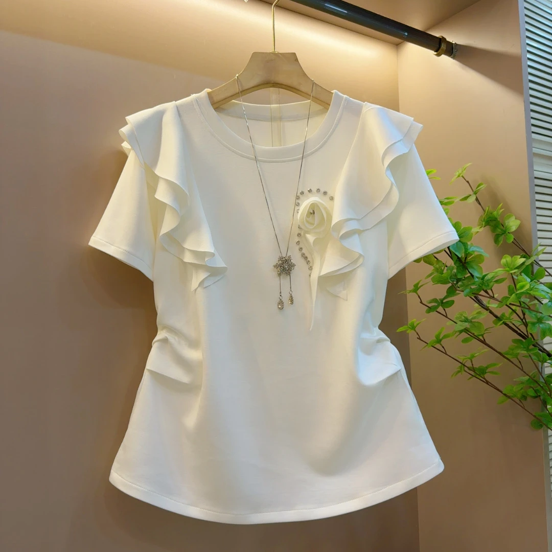 2025新款带钻玫瑰百搭修身气质时尚短袖上衣（长65左右）