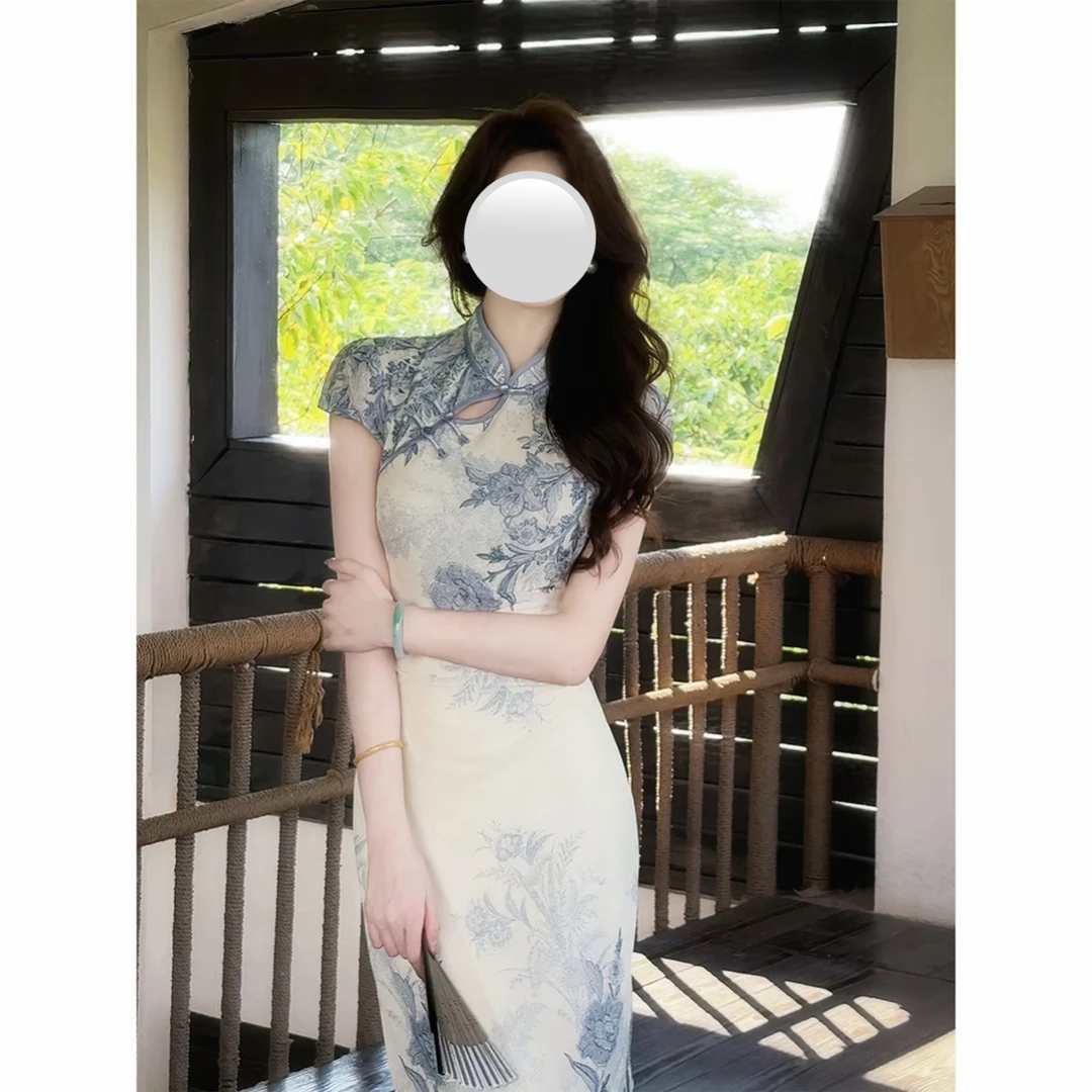 【青花瓷】杏印花裙温婉优雅收腰显瘦气质高级感旗袍连衣裙