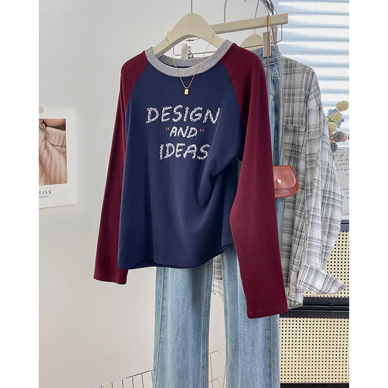 美式潮流插肩植绒字母长袖打底衫双面绒保暖显瘦百搭女装t恤上衣