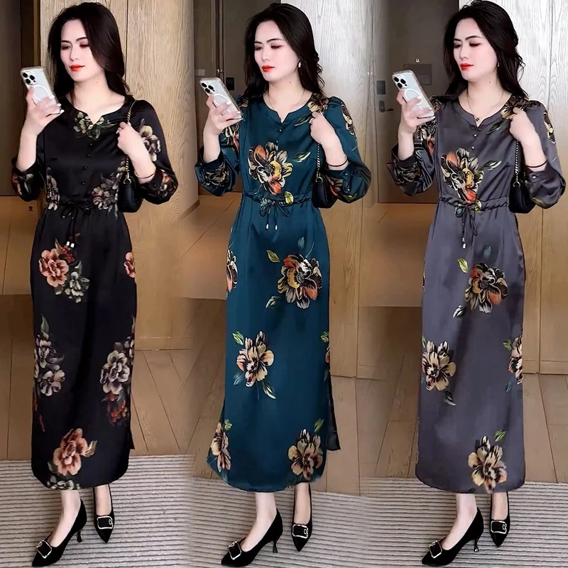 时尚气质显瘦旗袍2025春秋新款洋气显瘦印花拼接褶皱连衣裙女潮流