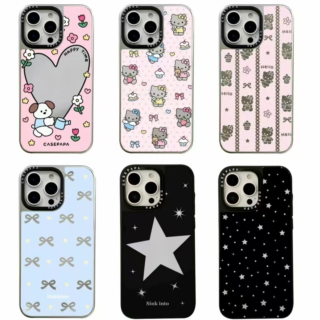 黑边镜面粉底浇花狗狗适用于iPhone16promax苹果15pro手机壳14p13