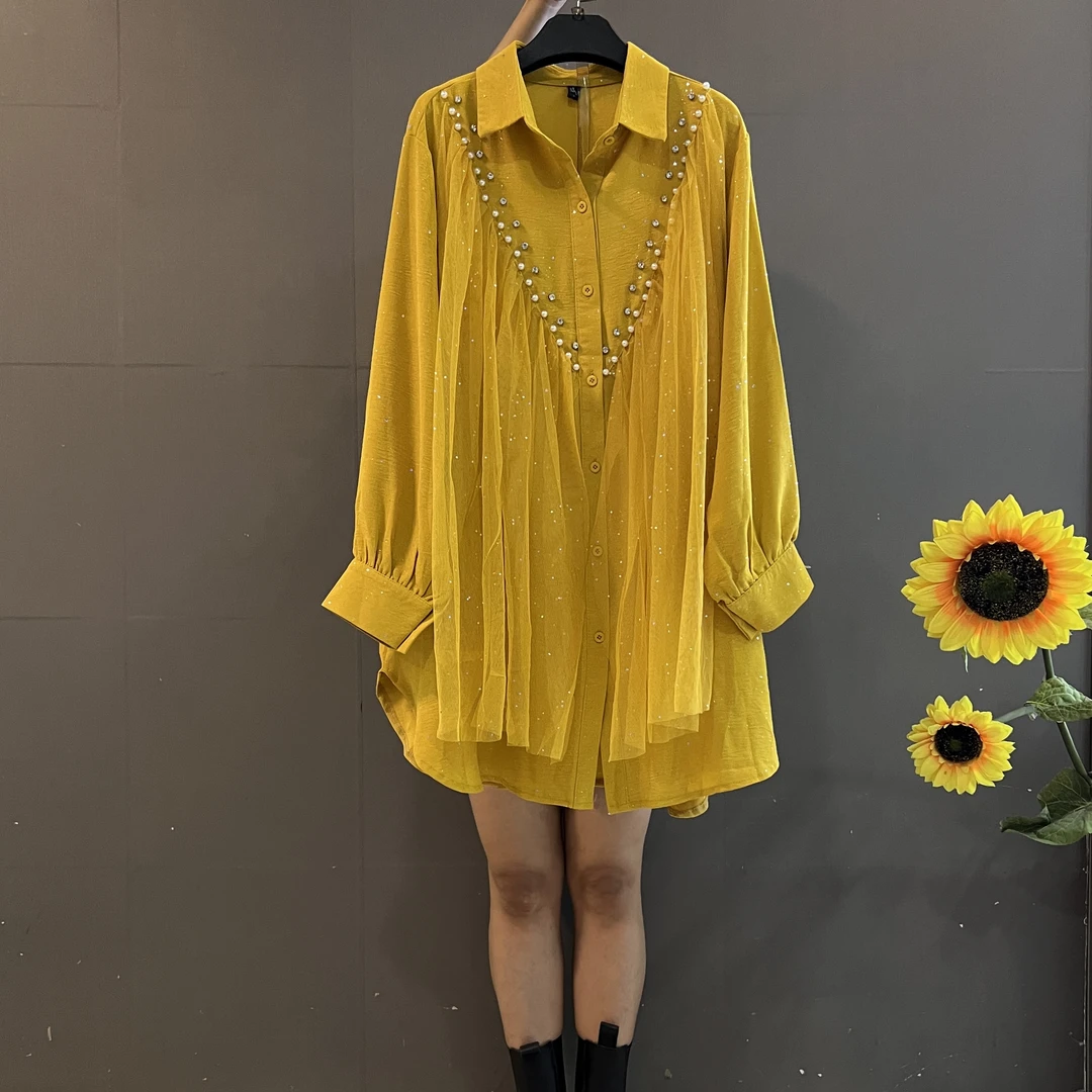 新款时尚设计感重工钉珠衬衫领网纱拼接亮星遮肚显裙洋气大衫