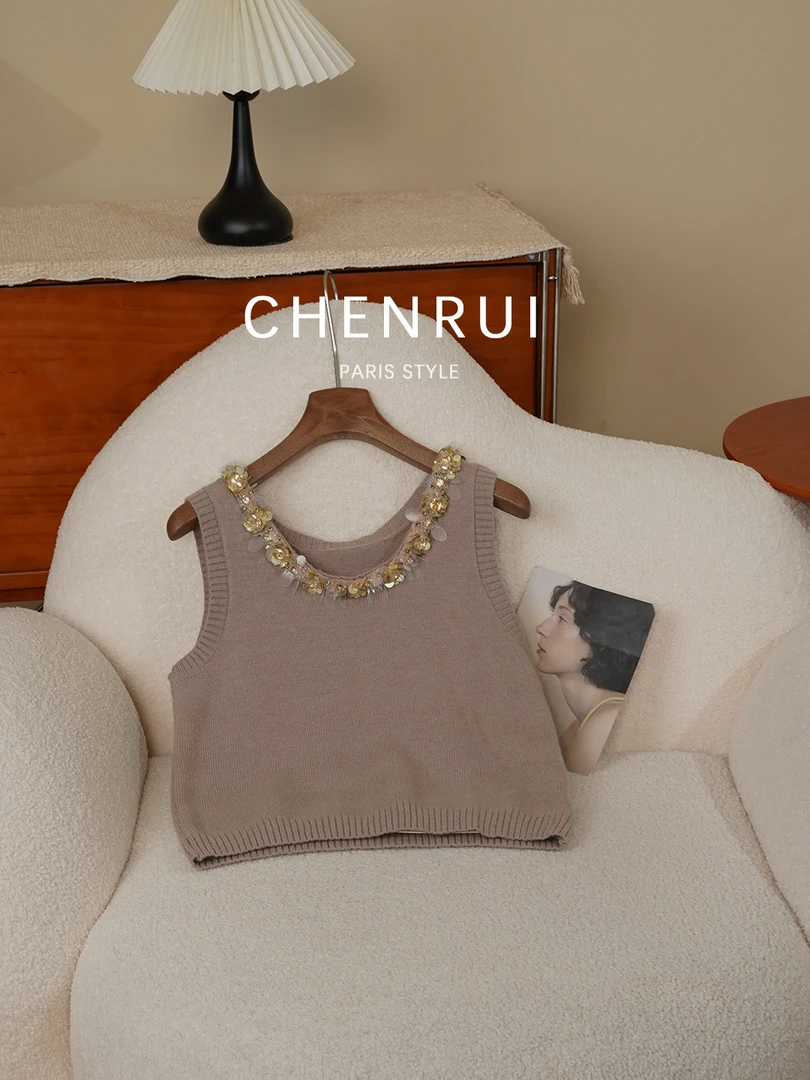 2025新款重工亮片针织背心女小众洋气修身显瘦无袖上衣3061