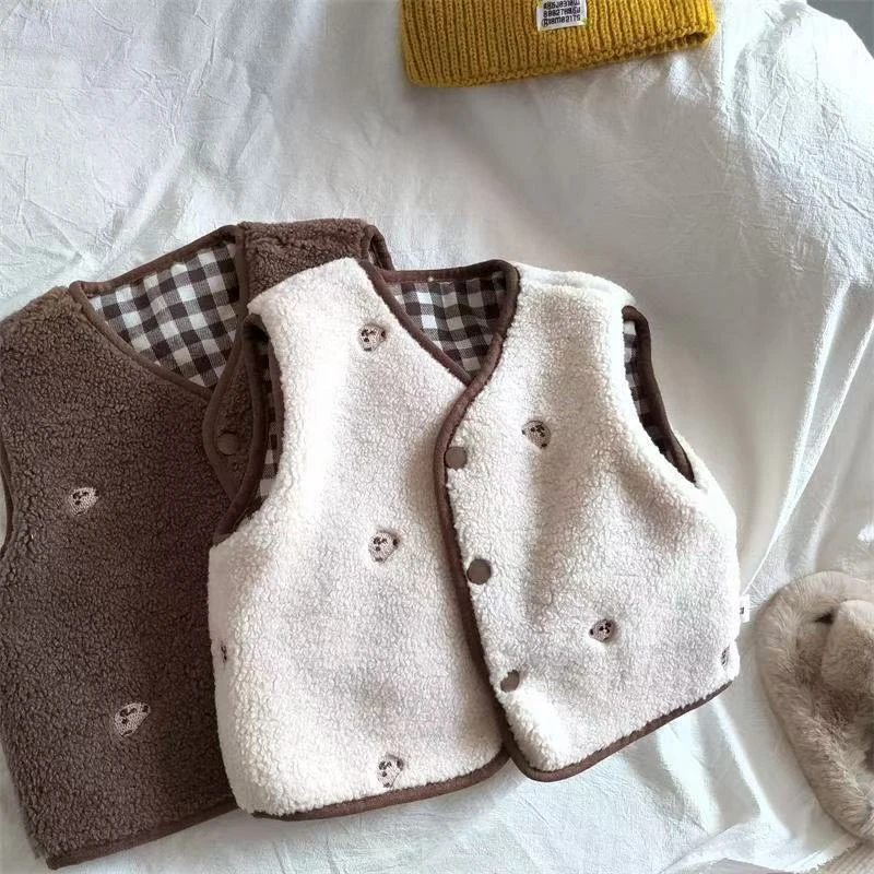 男女童新款秋冬马甲宝宝两面穿羊毛绒百搭坎肩格子外穿加厚背心潮