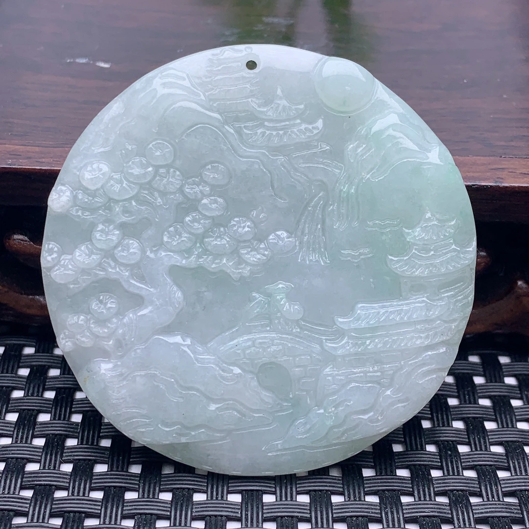 缅甸天然翡翠A货珠宝玉石白润冰透圆形山水牌挂坠步步高升精雕