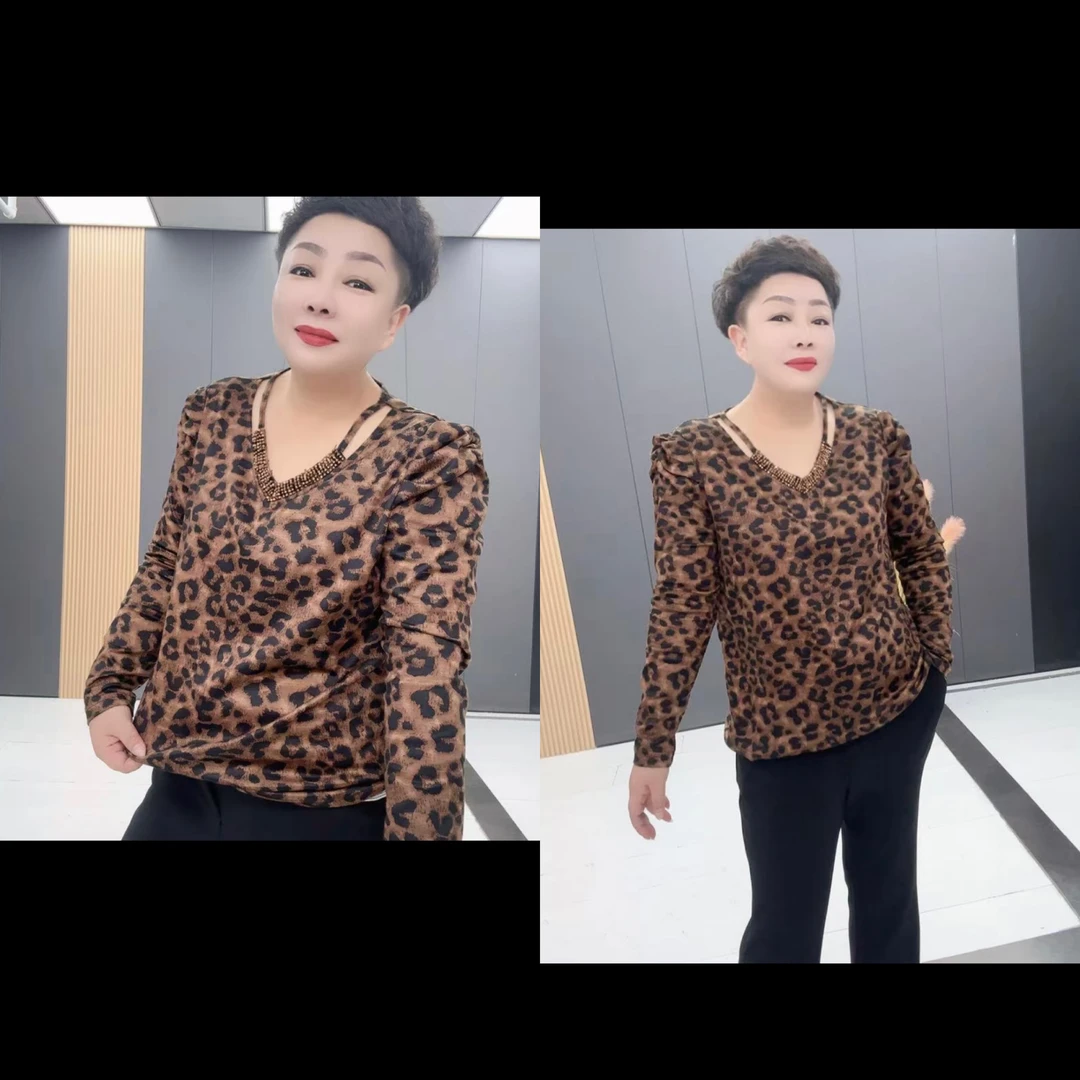 大码气质欧货百搭新款V领钻镂空豹纹长袖衫显瘦网红洋气春秋打底