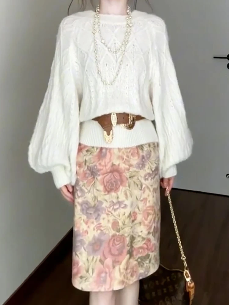 韩系温柔减龄高领灯笼袖针织毛衣+印花半身裙两件套2025秋季新款