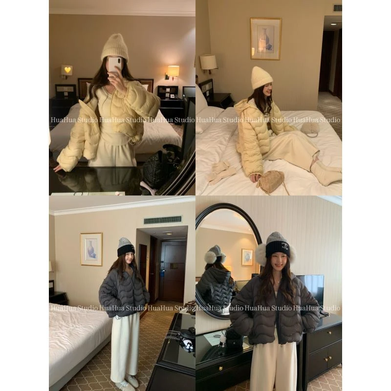 【花花】北欧周末~韩系连帽短款羽绒服90白鸭绒波浪纹宽松保暖外套