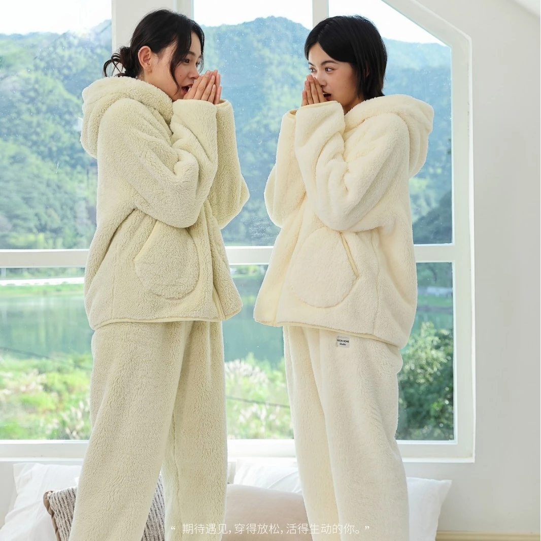 珊瑚绒新款睡衣女冬季加绒加厚保暖拉链套装连帽慵懒家居服冬