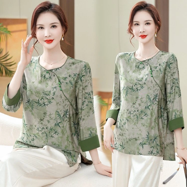 中年女装2025新款小衫国风圆领大码中老年妈妈装洋气春装印花上衣