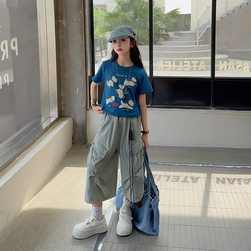 女童工装牛仔七分裤套装2025夏季新款短袖T上衣儿童短裤两件套潮