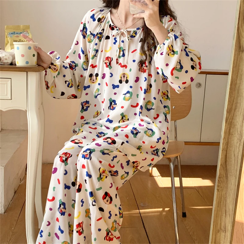 棉绸睡衣女长袖长裤夏季春秋宽松甜美秋冬大码可外穿加大码家居服