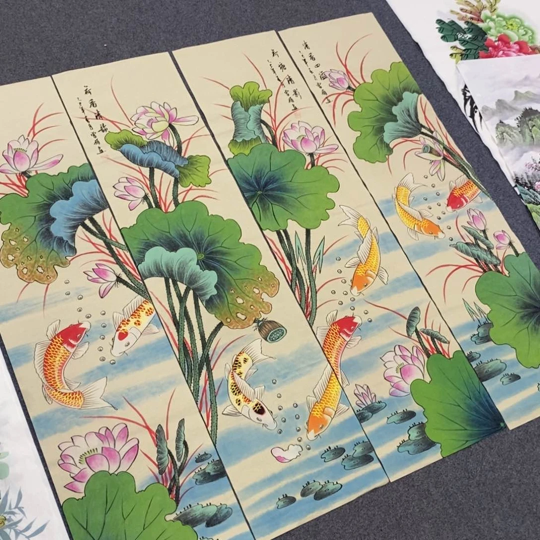 国画张*梨尺寸140✖️35一套四张精品荷花鱼