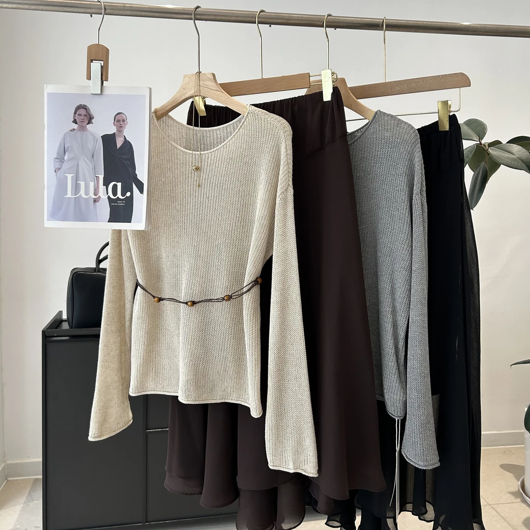 莱赛尔亚麻混纺！通勤有气质纯色腰带毛衣松紧腰百搭半裙两件套