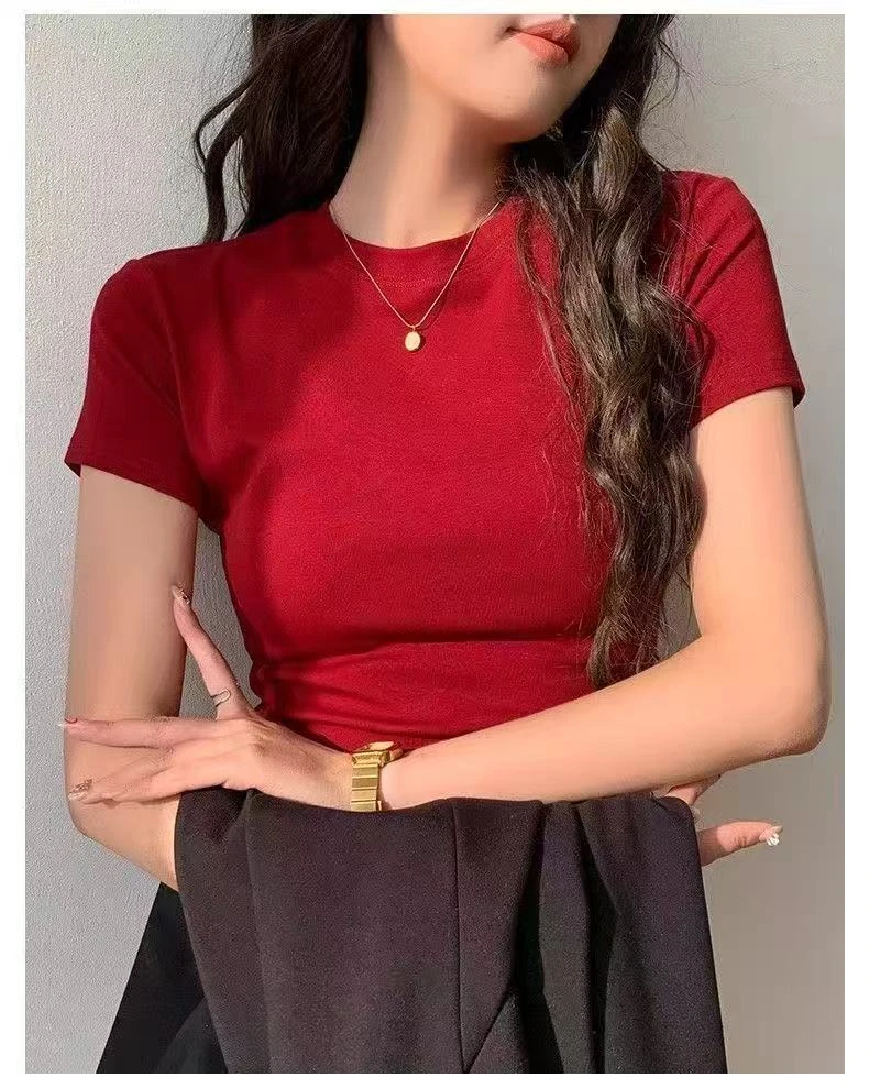 466百搭修身短袖圆领短款夏女士吸汗打底T恤显瘦ins打底衫夏季