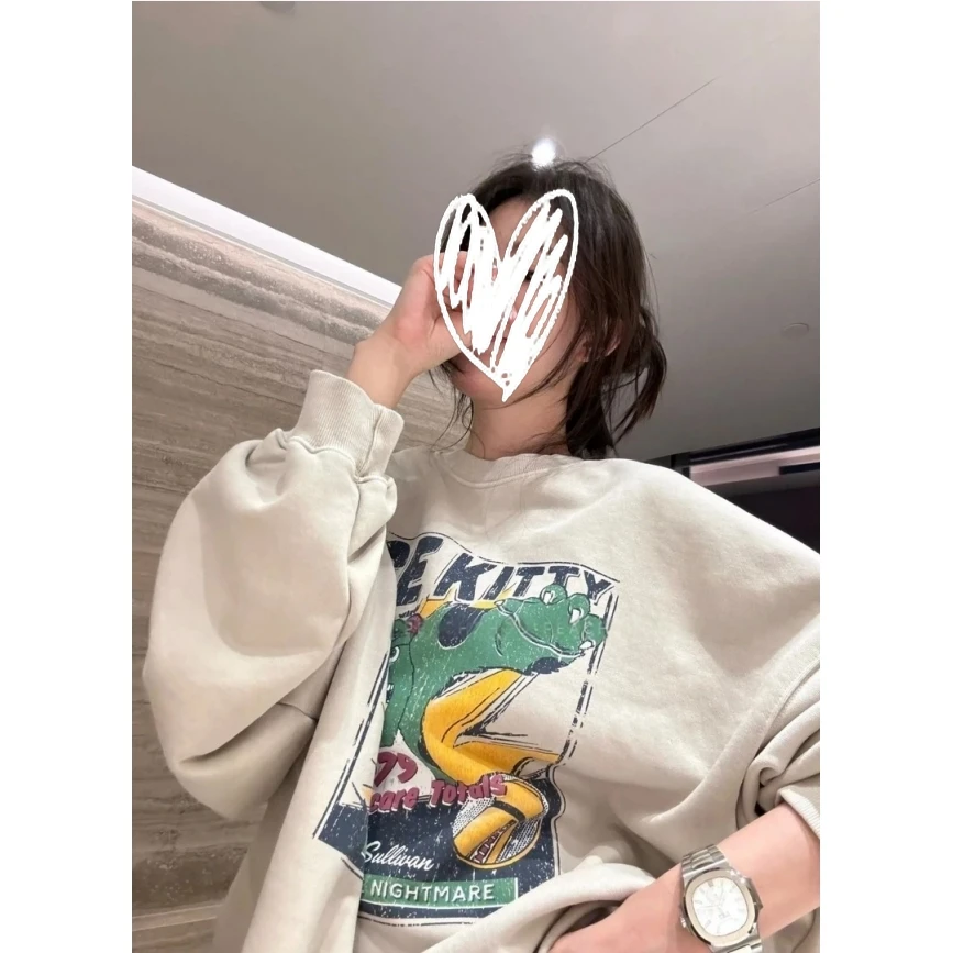 『PEACHZHOU』做旧卡通印花卷边水洗宽松圆领毛圈卫衣休闲减龄长袖