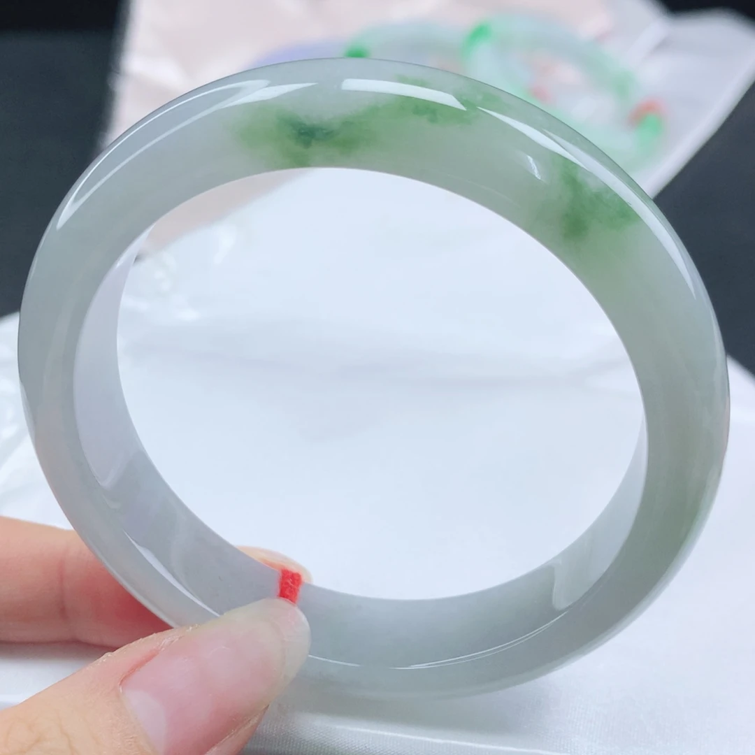 翡翠未镶嵌手镯缅甸58.0冰润白月光飘绿花正圈