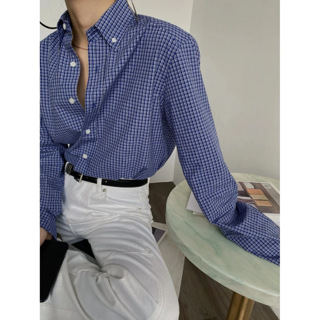 【简知】Miu式叠穿上衣棉经典蓝白格纹衬衫女四季穿搭百搭长袖衬衣